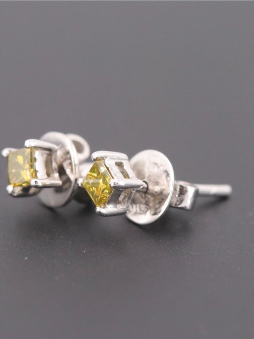 14K WHITE GOLD PRINCESS CUT IRRADIATED YELLOW DIAMOND CLUTCH BACK STUD EARRINGS - Picture 3 of 7